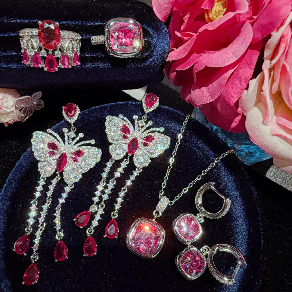 Modern Cushion Bezel Pink Jewelry Set Butterfly Cascade Drop Earrings