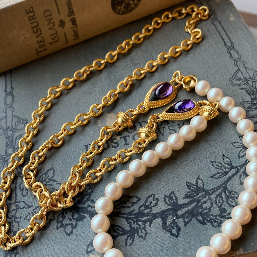 Vintage 22K Gold-Plated Pearl Long Necklace Earrings Ring