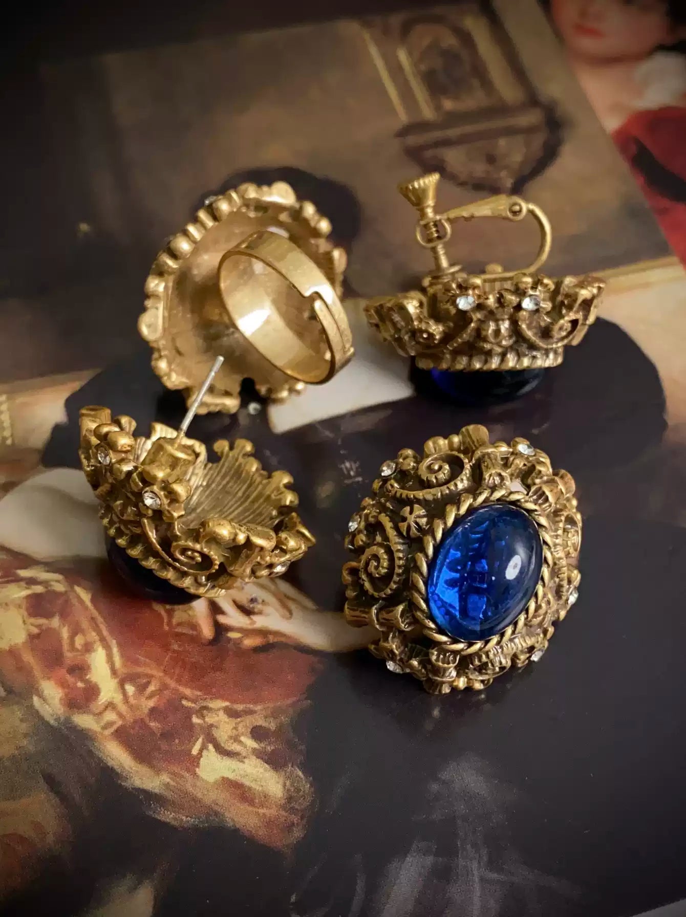 Victorian Sapphire-Tone Cabochon Filigree Jewelry Set