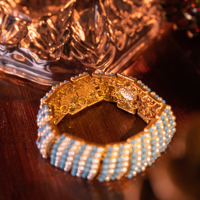 Retro Riviera 18K Gold Plated Blue & Cream Pearl Jewelry Set