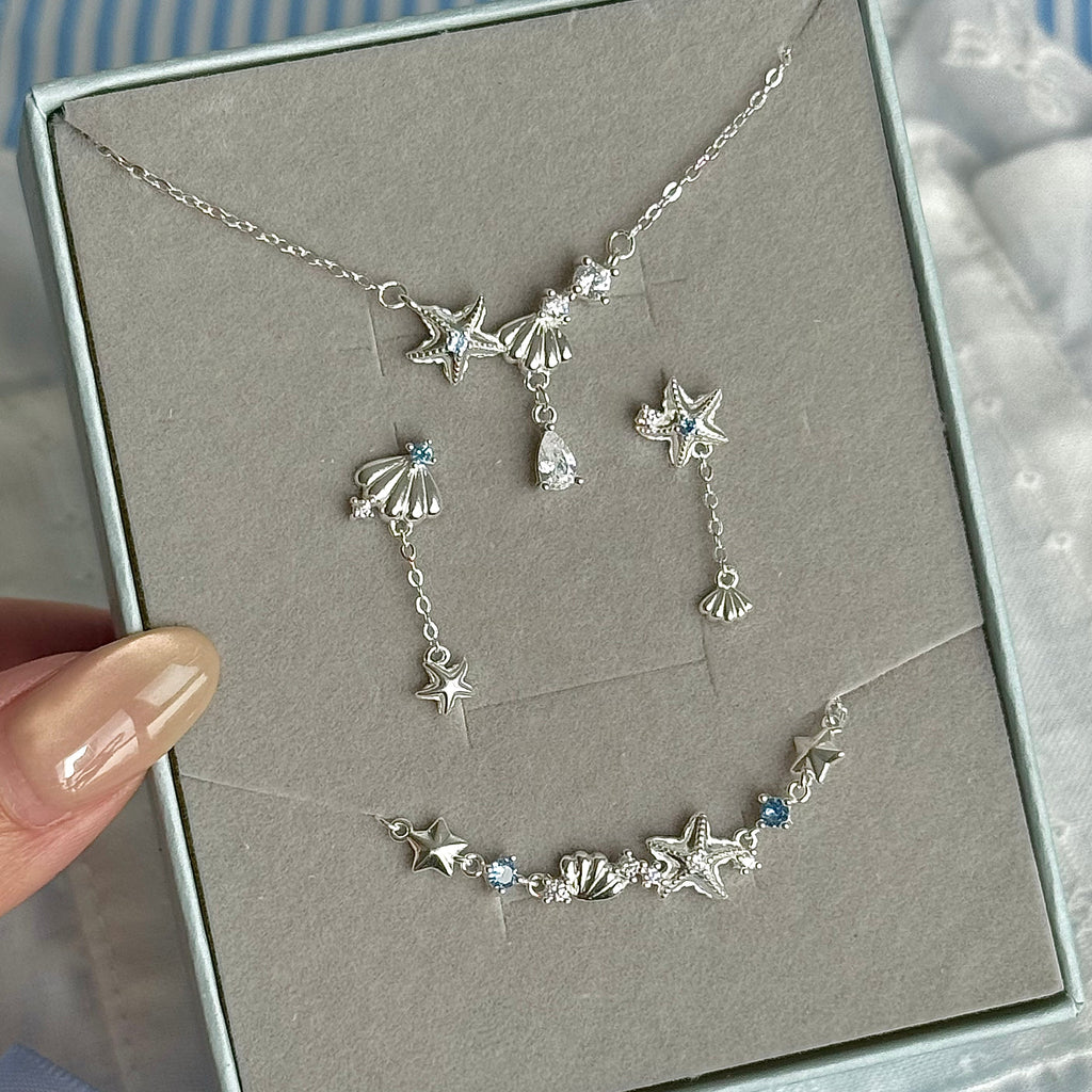 S999 Fine Silver Coastal Starfish Shell Jewelry Set