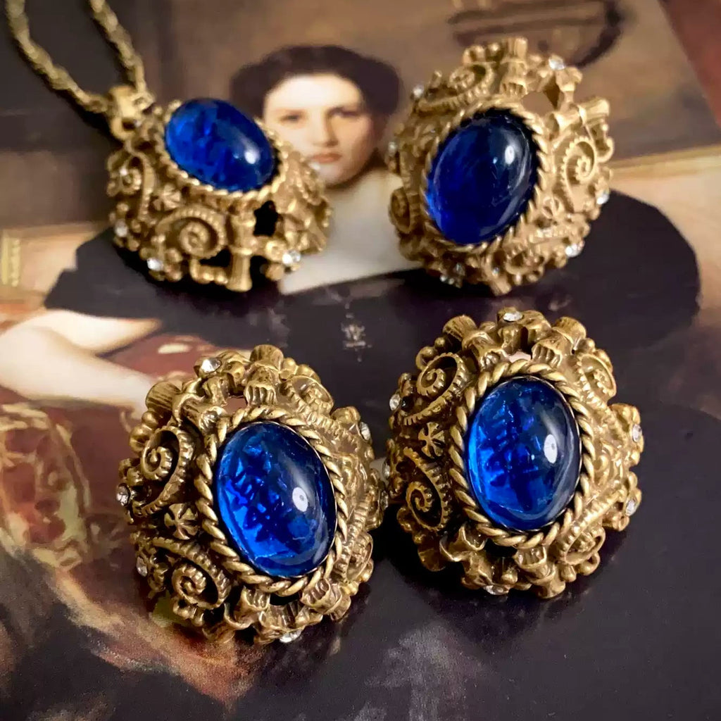 Victorian Sapphire-Tone Cabochon Filigree Jewelry Set