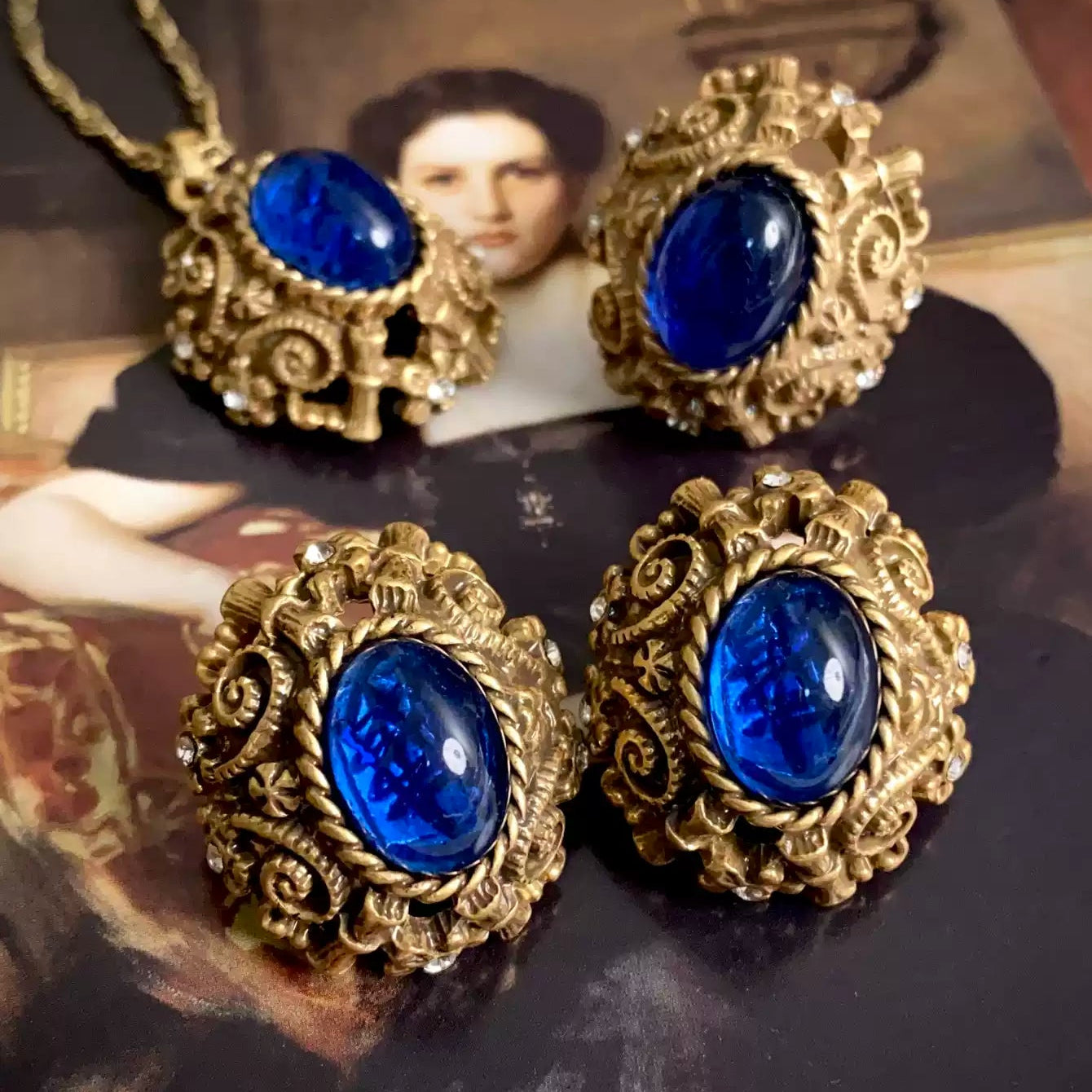 Victorian Sapphire-Tone Cabochon Filigree Jewelry Set