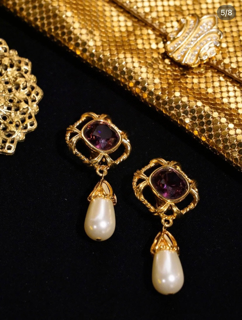 Vintage 22K Gold-Plated Pearl Long Necklace Earrings Ring