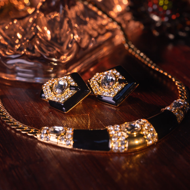 Midnight Noir 18K Gold Plated Art Deco Black Enamel Jewelry Suite