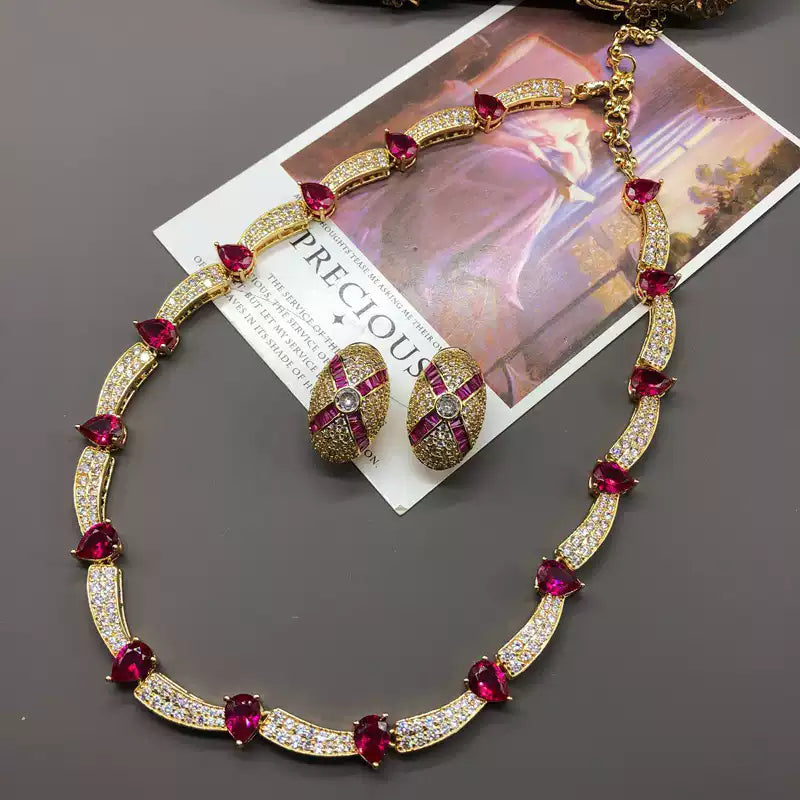 Mid-Century Ruby Red Curved Bar Collar Parure