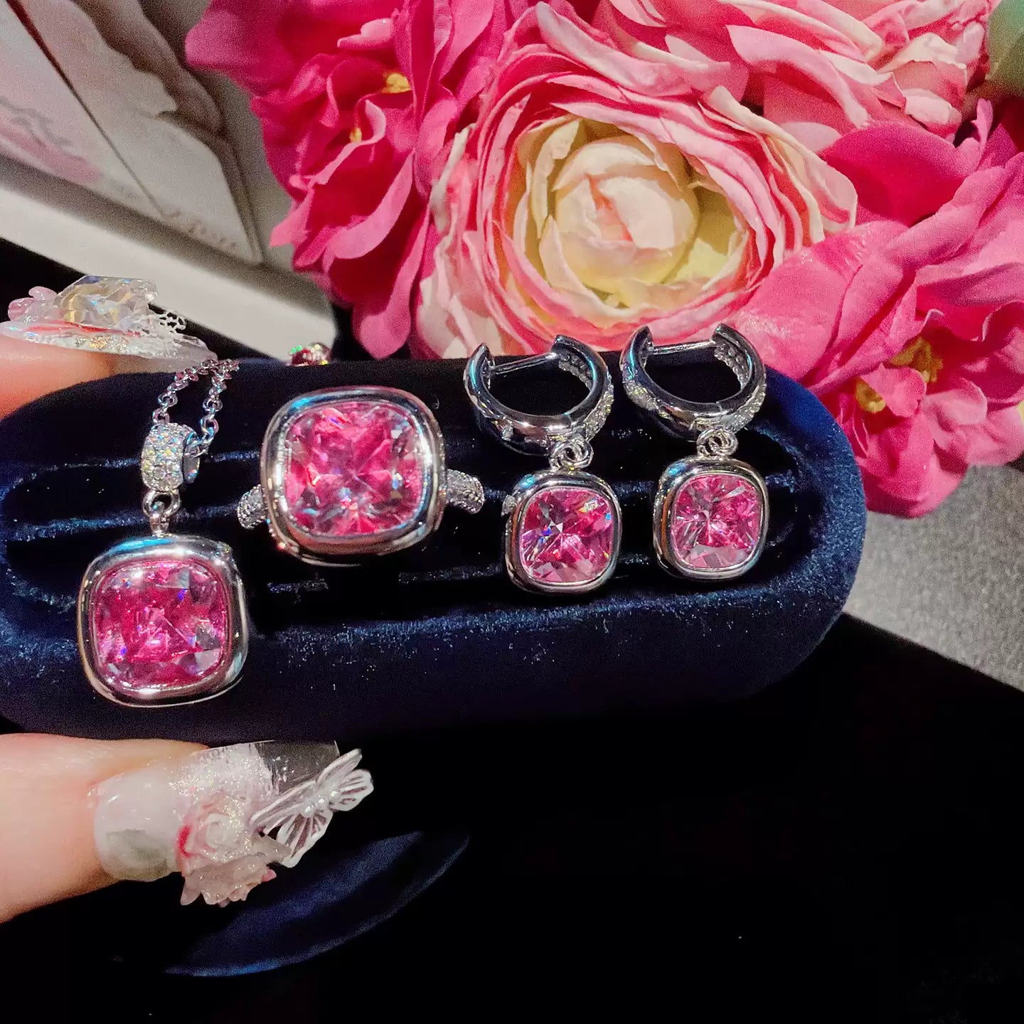 Modern Cushion Bezel Pink Jewelry Set Butterfly Cascade Drop Earrings