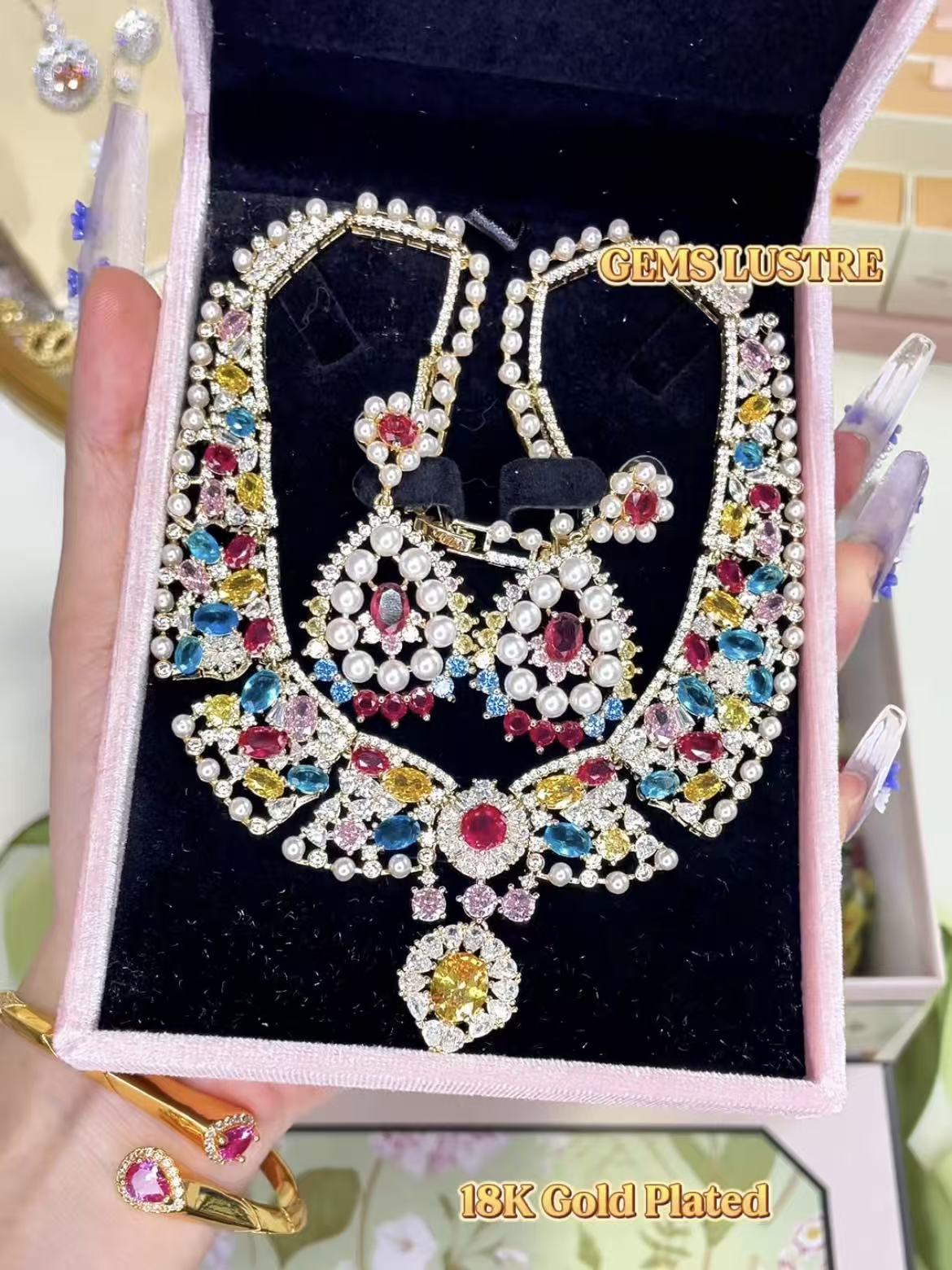 Rococo Pink Gemstone-Tone Pearl Statement Jewelry Set