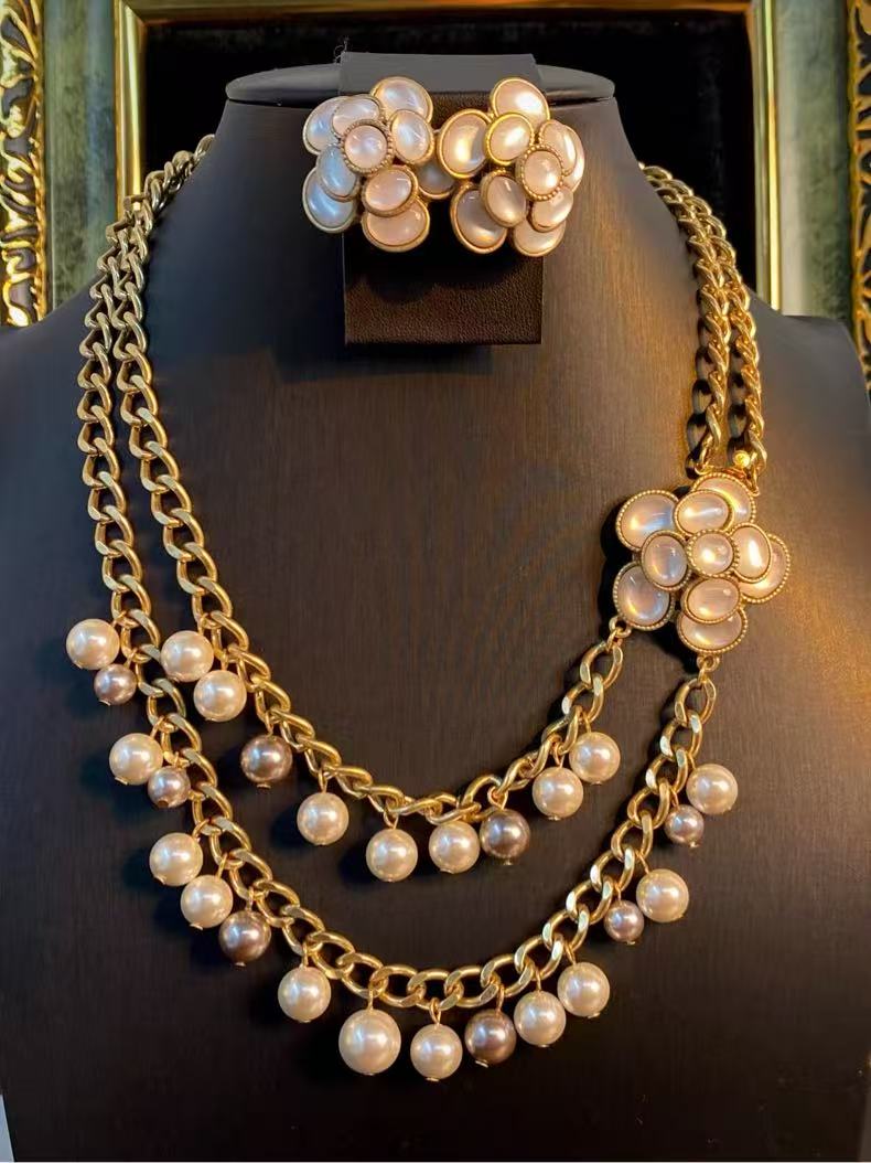 Gilded Camellia Luxury Tiered Pearl & Curb Chain Statement Set