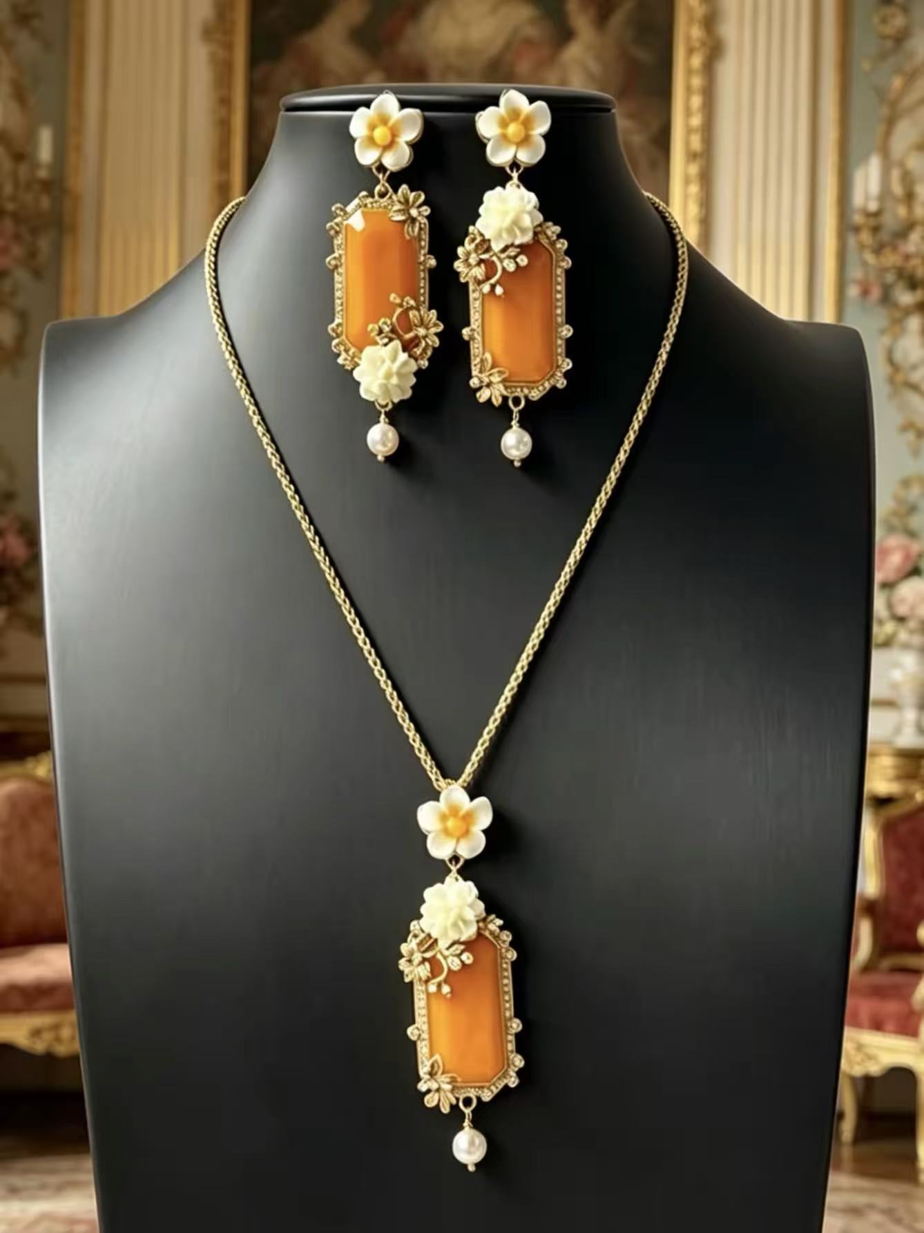 Vintage Plumeria Bloom Enamel Jewelry Set