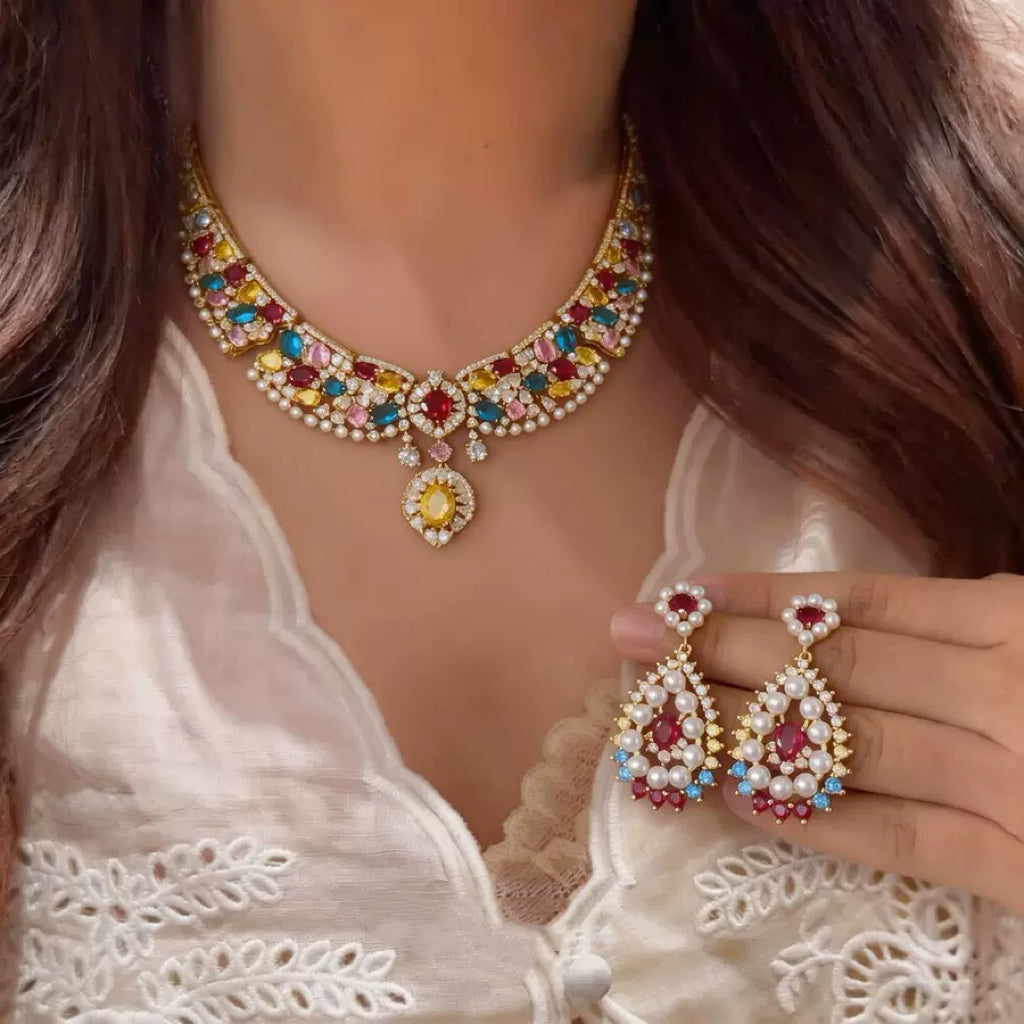Rococo Pink Gemstone-Tone Pearl Statement Jewelry Set