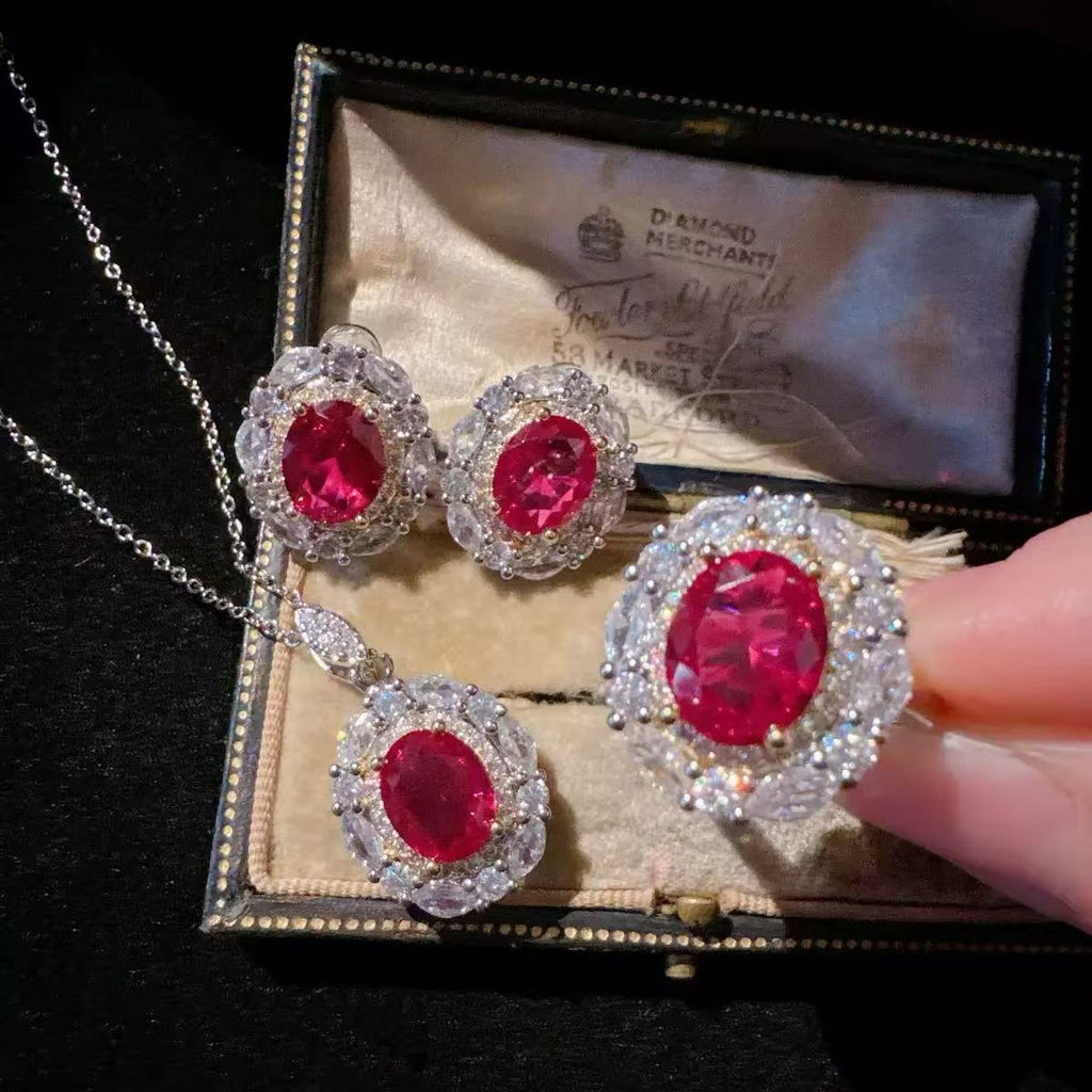 Vintage 18K Gold-Plated Ruby-Tone Jewelry Set