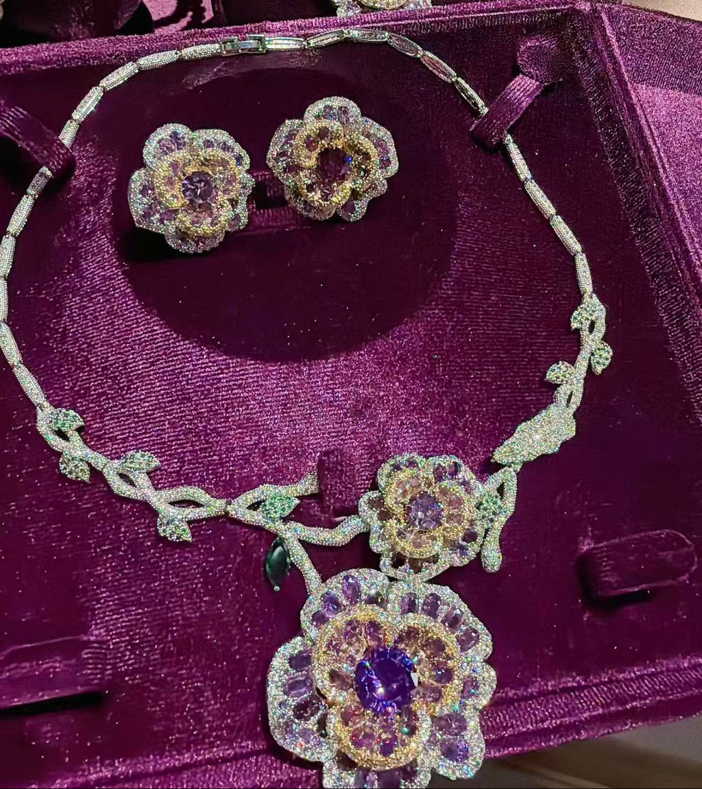 Royal Amethyst Floral Pearl Statement Jewelry Set