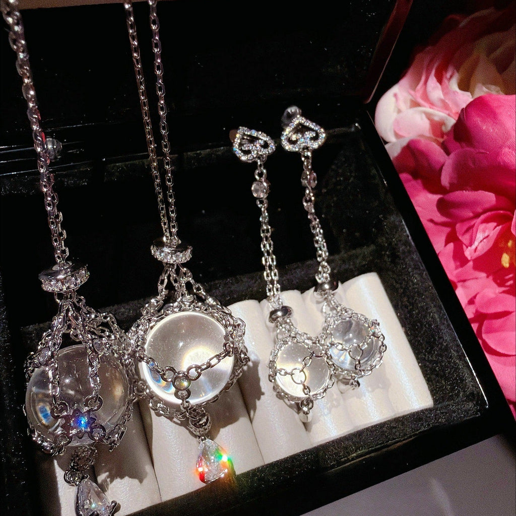 Whimsical Waterdrop Crystal Orb Necklace & Earrings Set