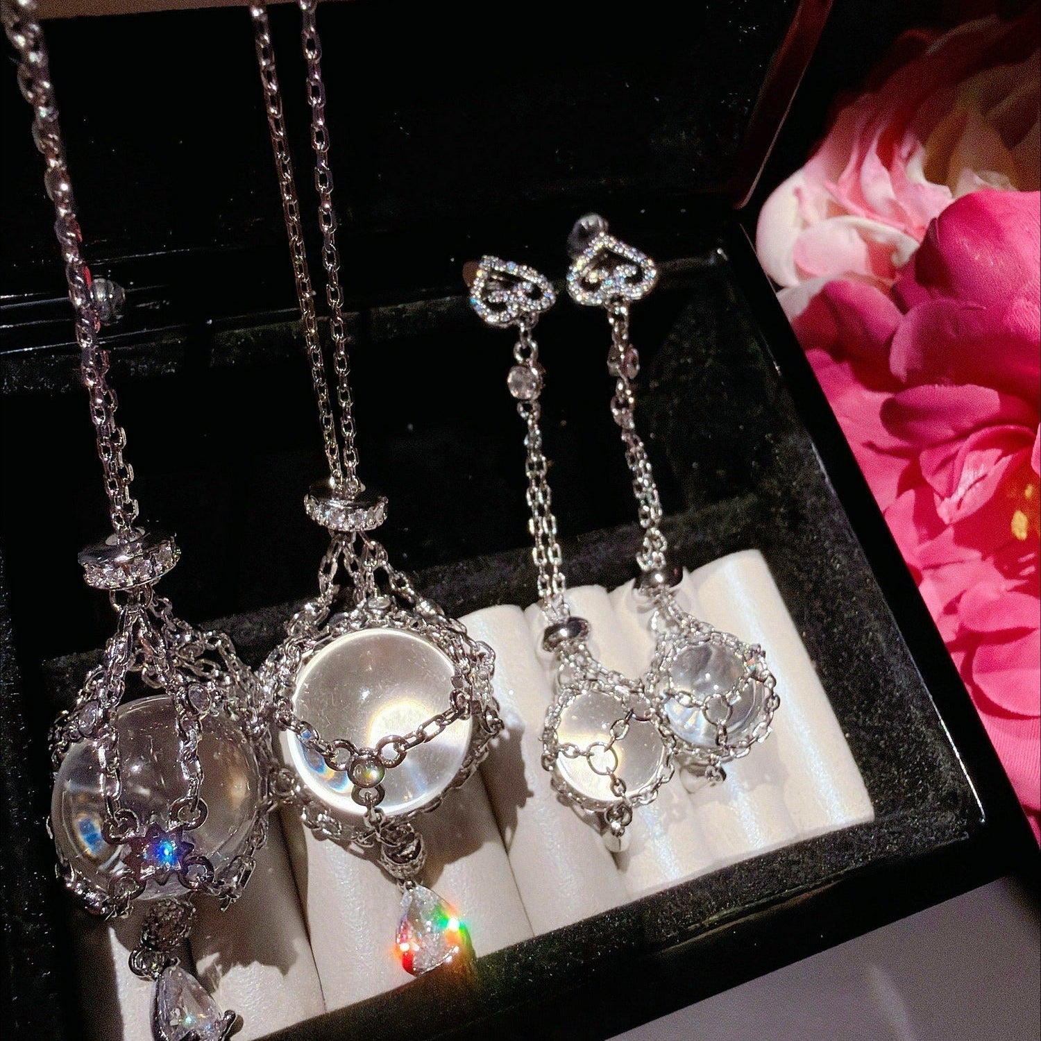 Whimsical Waterdrop Crystal Orb Necklace & Earrings Set