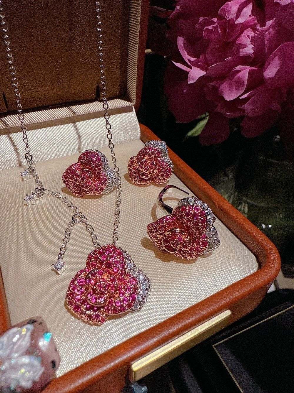 The Midnight Rose Collection|Crimson Floral Pavé Jewelry Set
