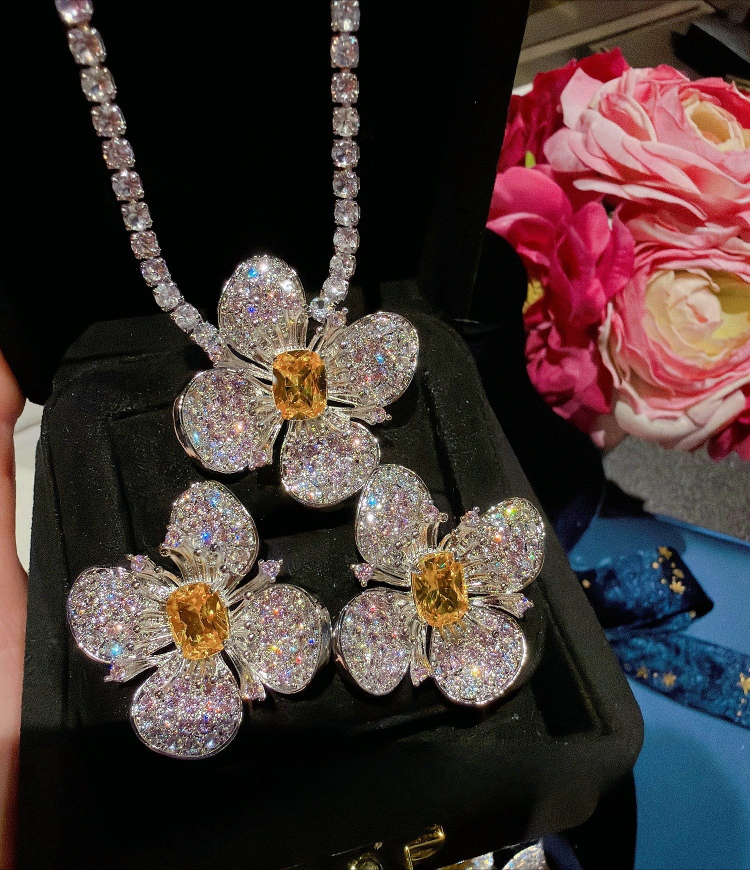 Luxury Yellow Jewel-Tone Cushion-Cut Flower Jewelry Set