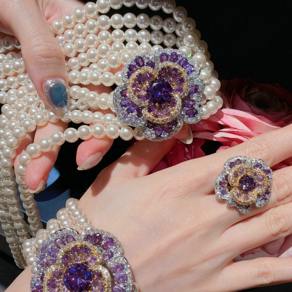Royal Amethyst Floral Pearl Statement Jewelry Set