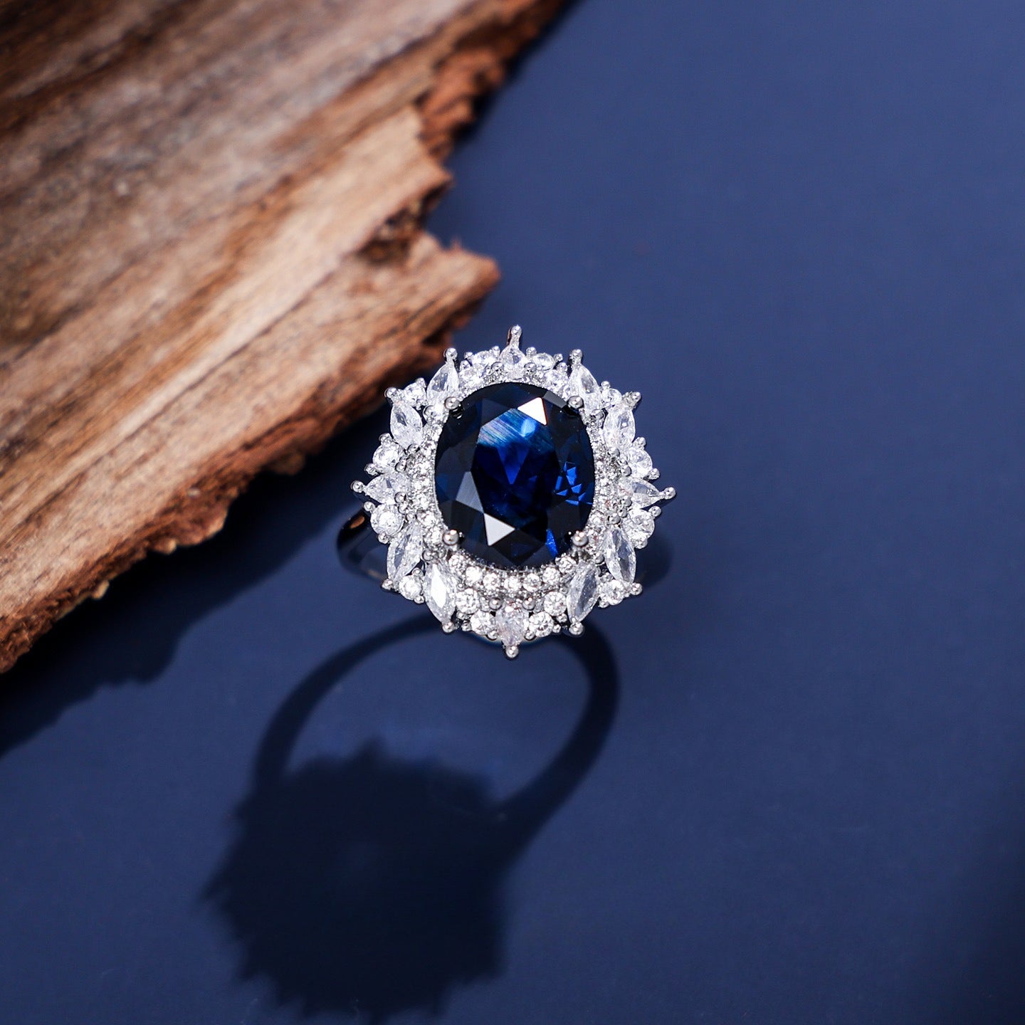 Royal Oval Gemstone-Tone Sunburst Halo Ring