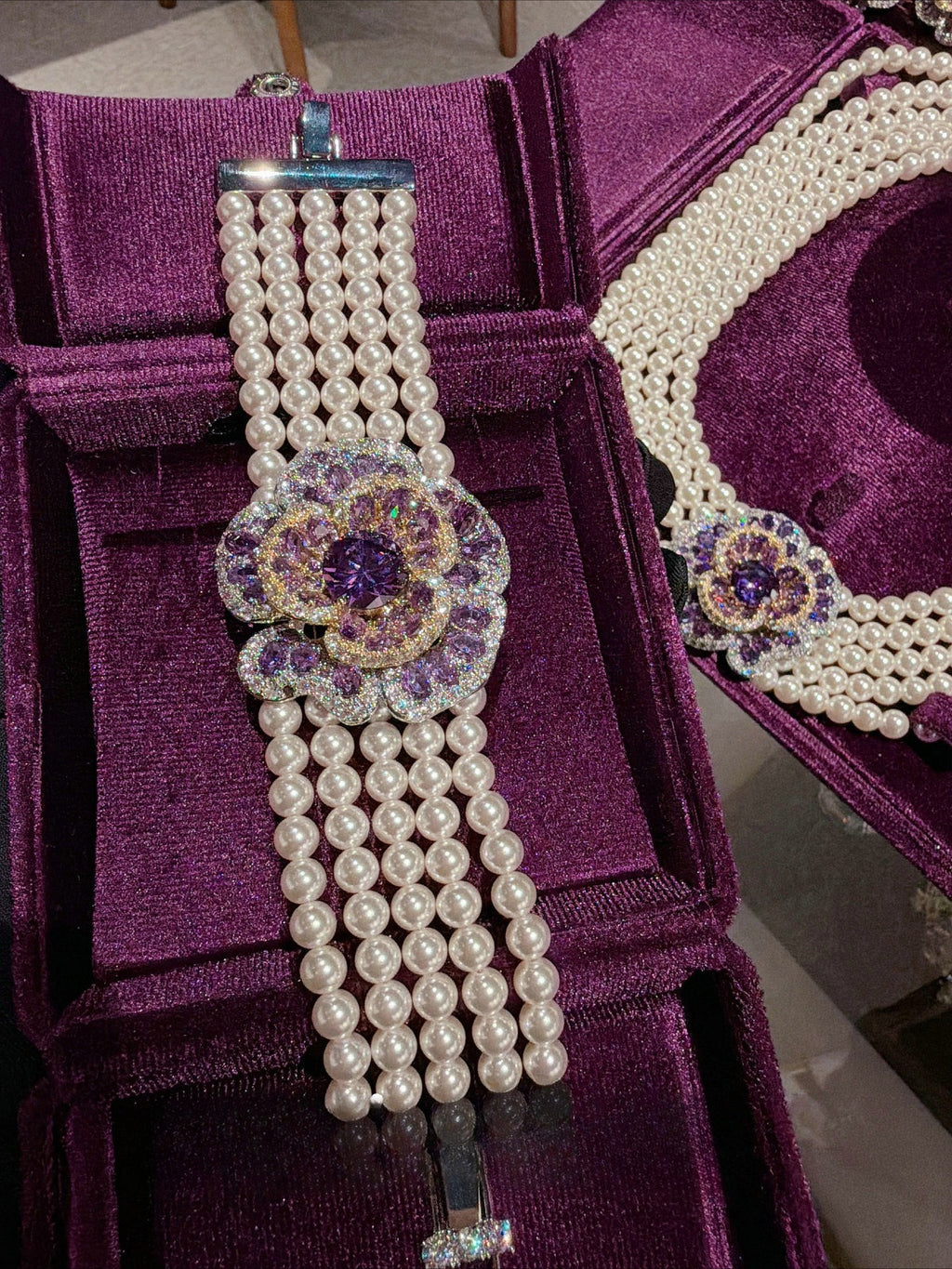 Royal Amethyst Floral Pearl Statement Jewelry Set