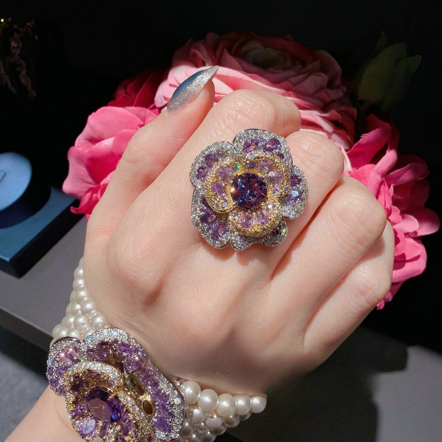 Royal Amethyst Floral Pearl Statement Jewelry Set