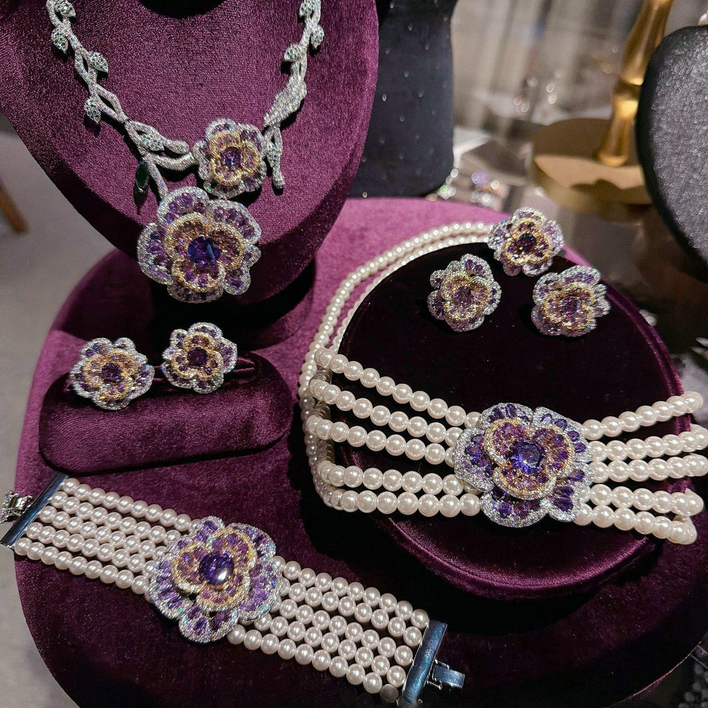 Royal Amethyst Floral Pearl Statement Jewelry Set