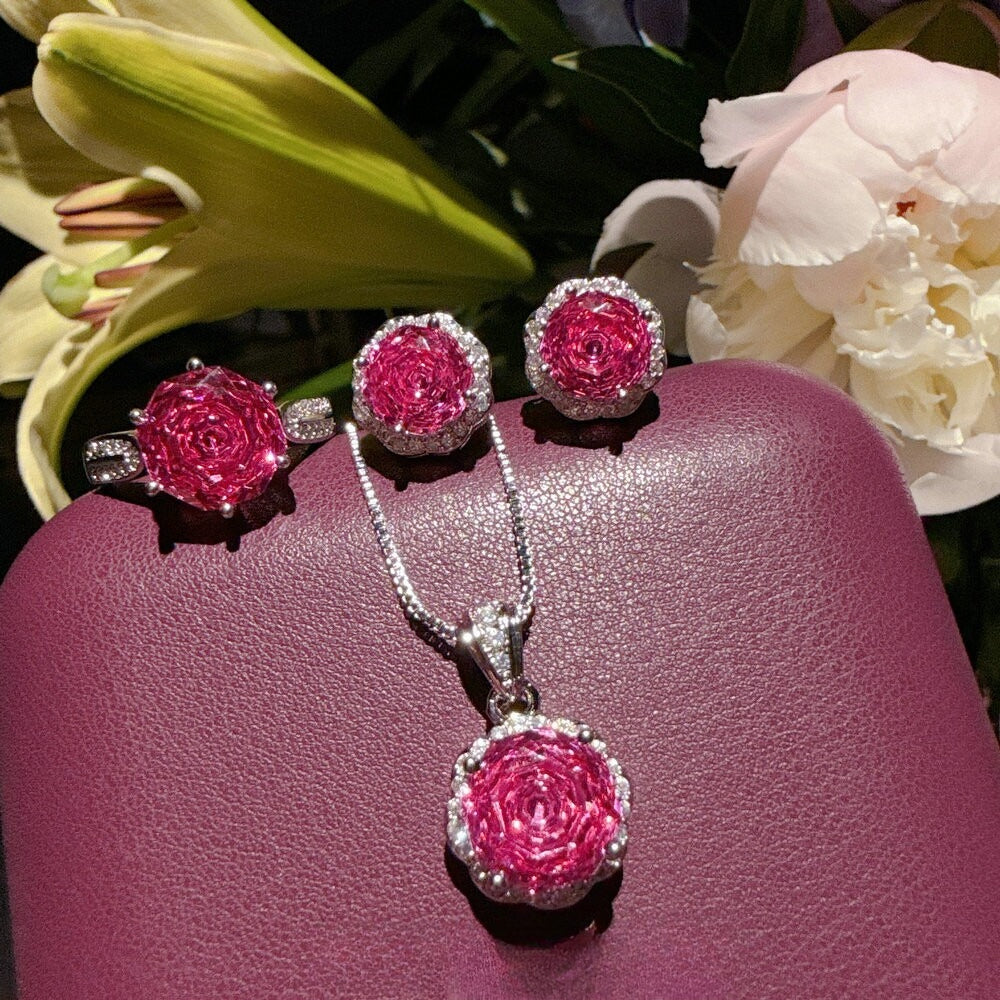 Romantic Raspberry Pink Rose Jewelry Set