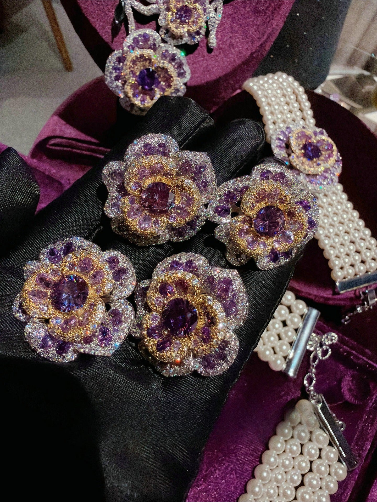 Royal Amethyst Floral Pearl Statement Jewelry Set
