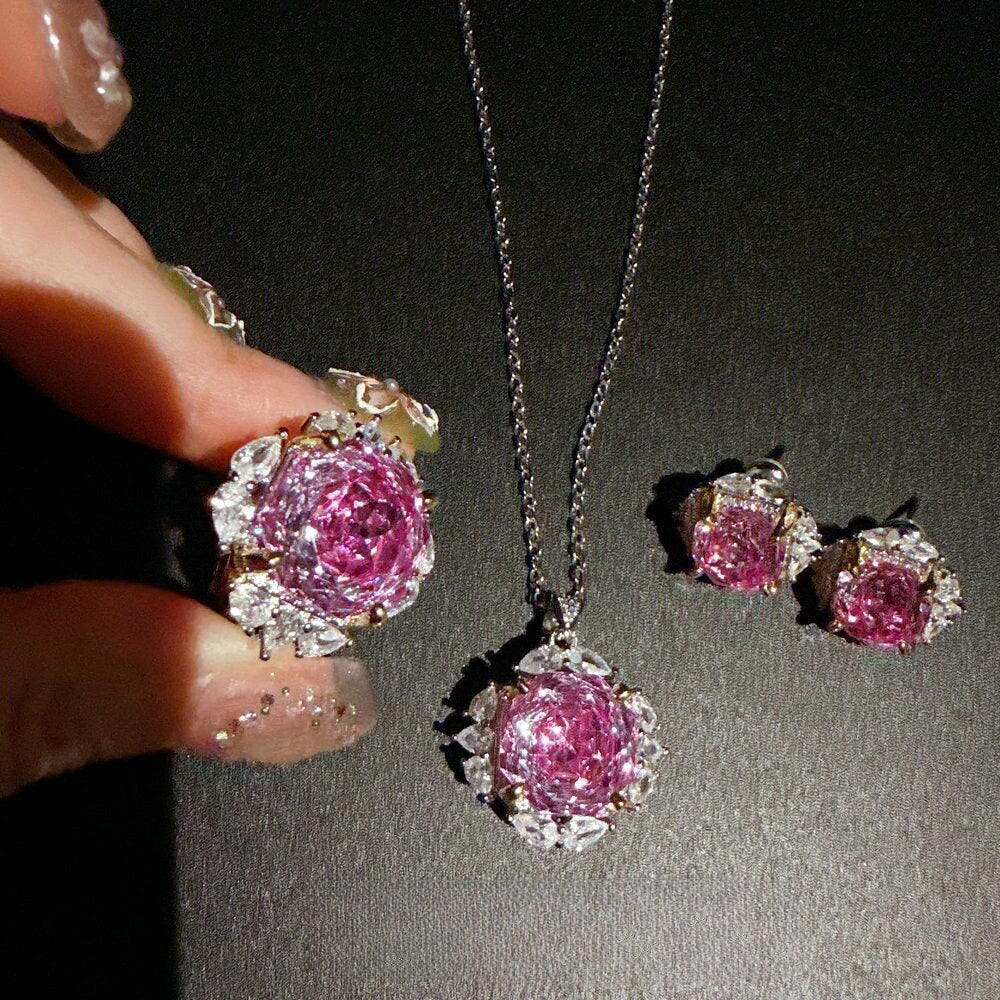 French Romantic Carved Rose Halo Jewelry Set