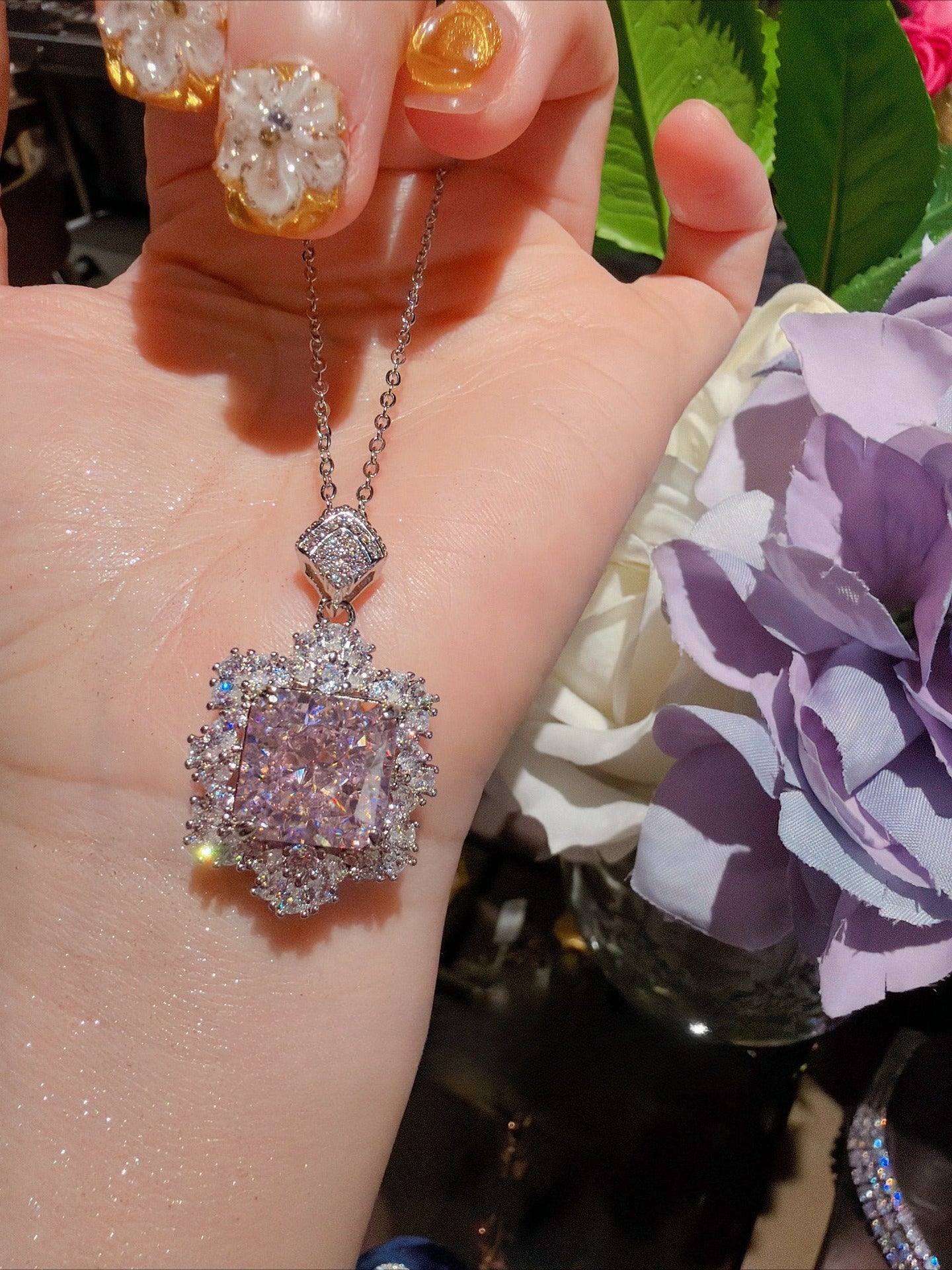 18K Gold-Plated Cushion-Cut Petal Halo Necklace & Ring