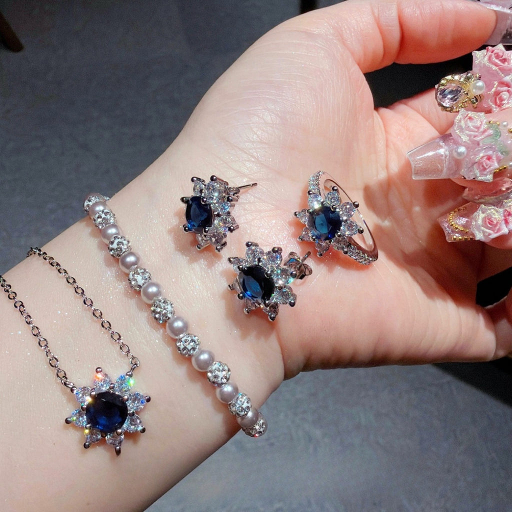 Opulent Sunflower Sapphire Blue Jewelry Set