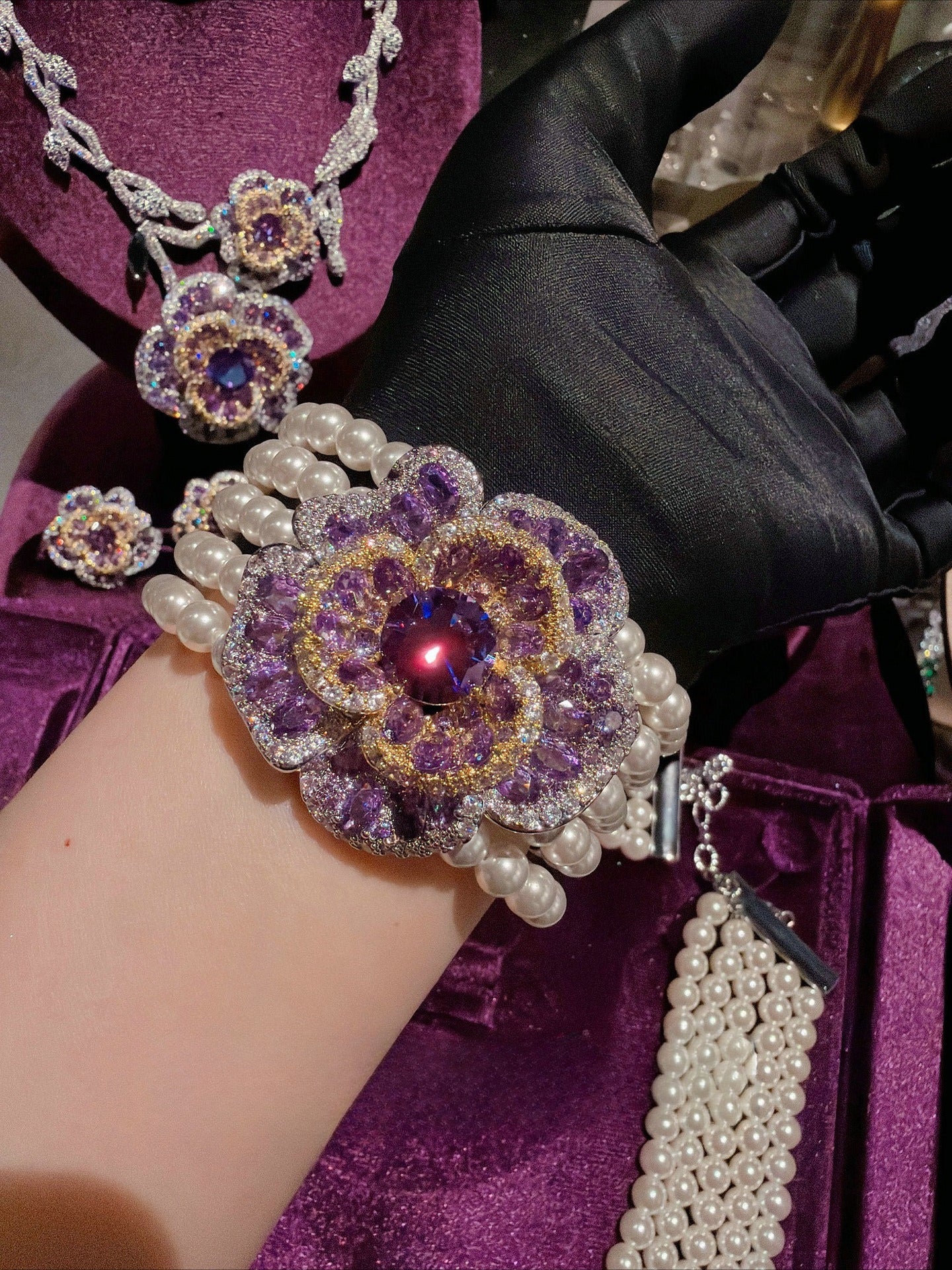 Royal Amethyst Floral Pearl Statement Jewelry Set