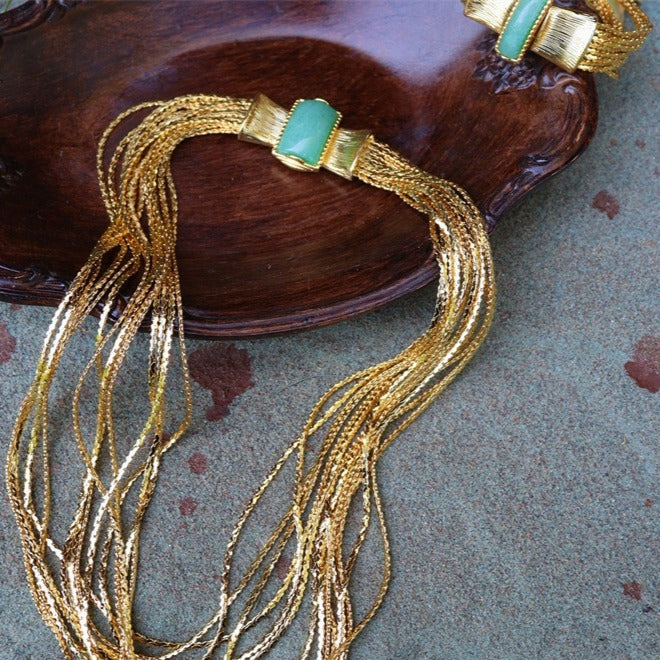 Mid-Century Liquid Gold Ribbon Natural Stone Necklace & Bracelet