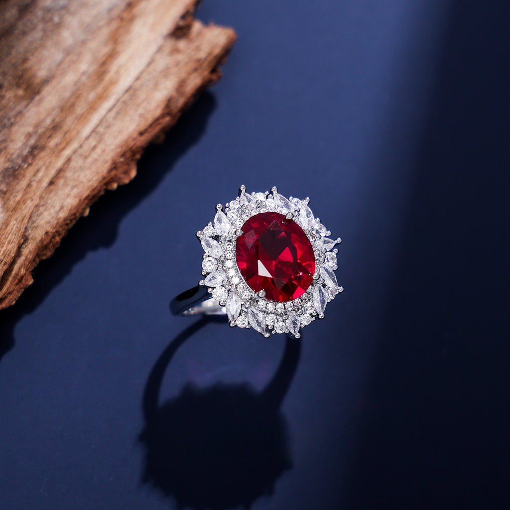 Royal Oval Gemstone-Tone Sunburst Halo Ring