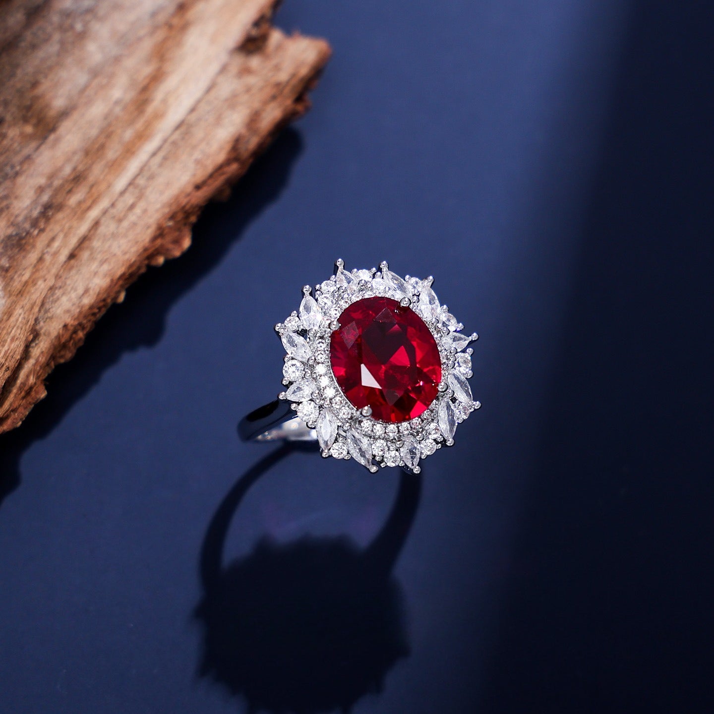 Royal Oval Gemstone-Tone Sunburst Halo Ring