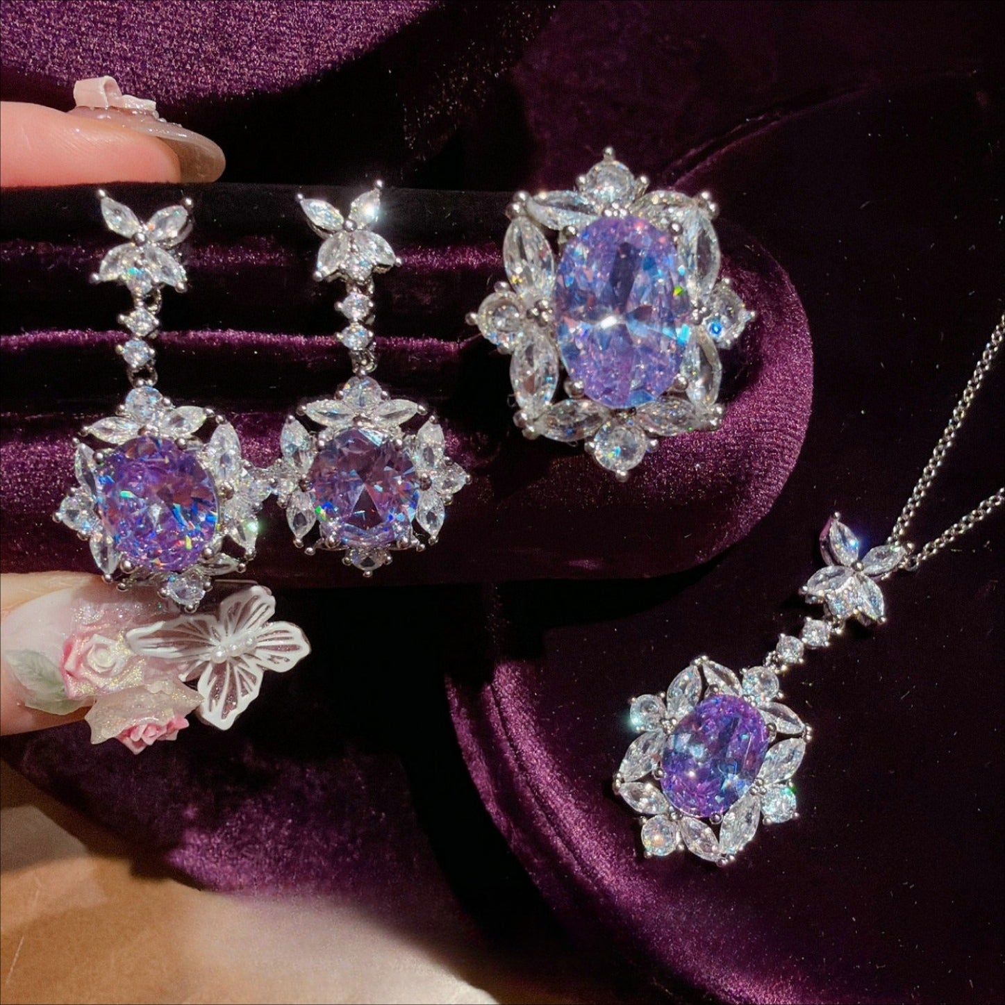 Ethereal Purple Blossom Layered Violet CZ Jewelry Set