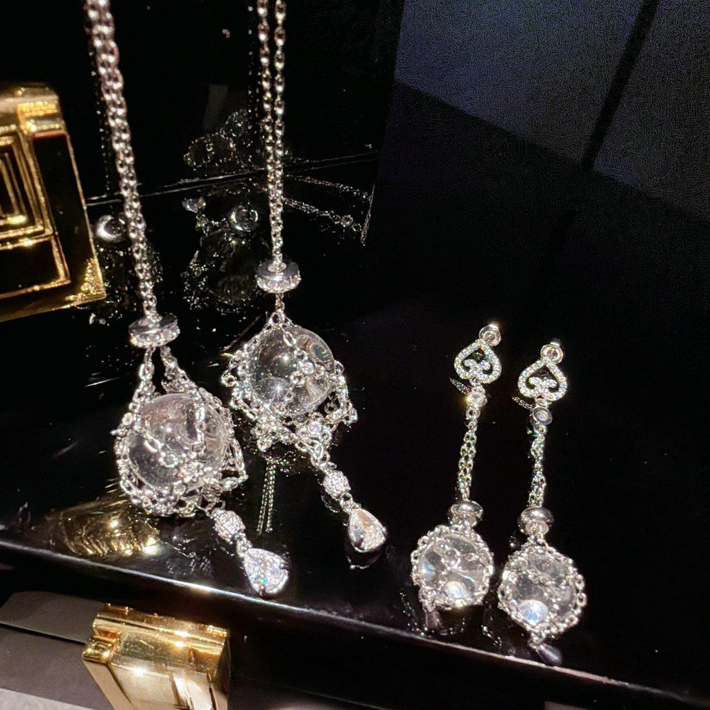 Whimsical Waterdrop Crystal Orb Necklace & Earrings Set
