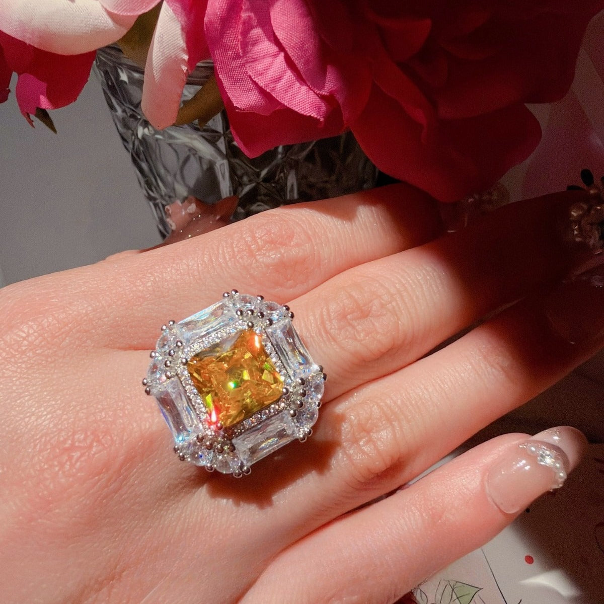Canary Cushion-Cut & Baguette Halo Jewelry Set