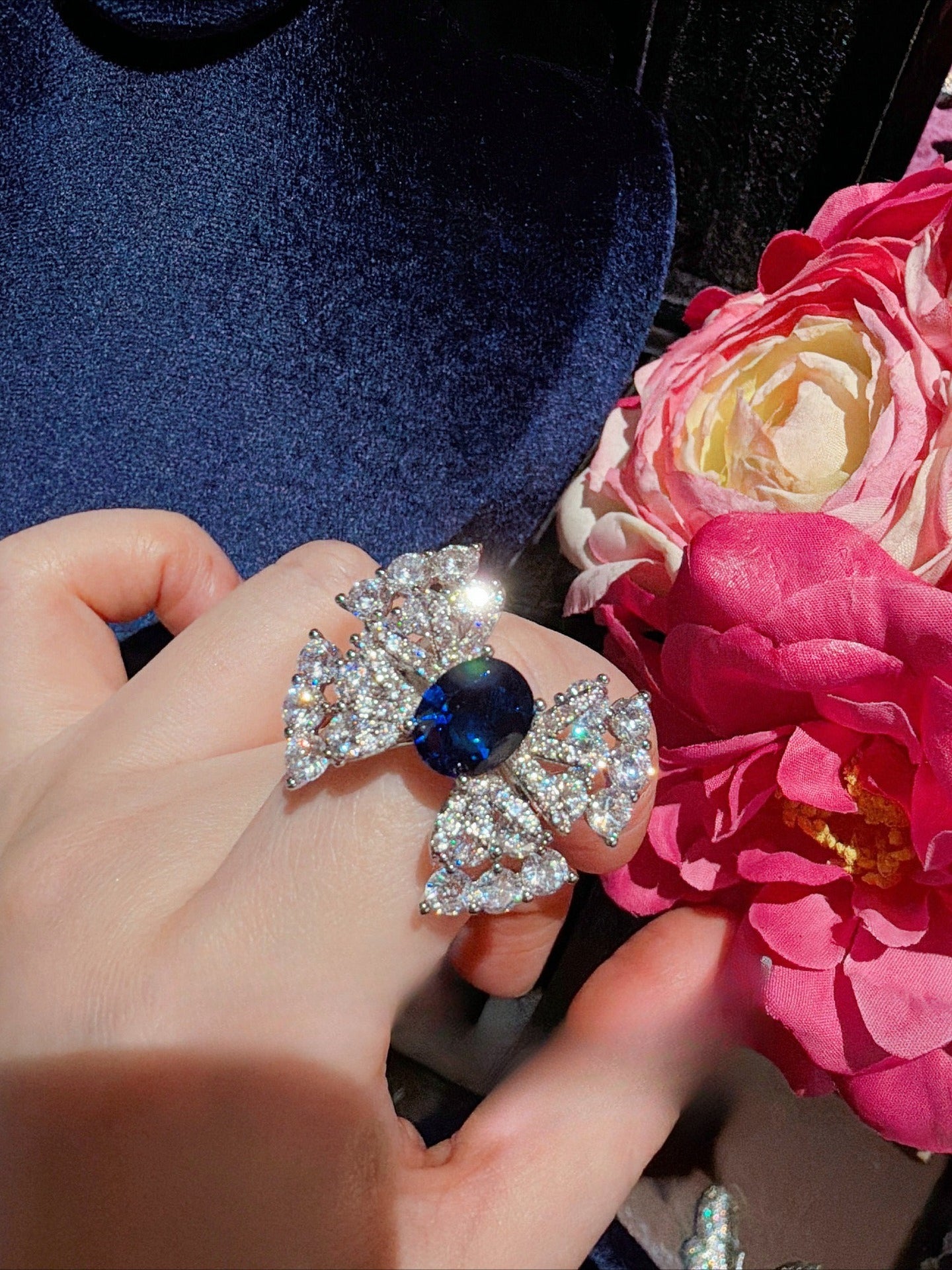 Elegant Sapphire Blue Bow Full Pave Jewelry Set