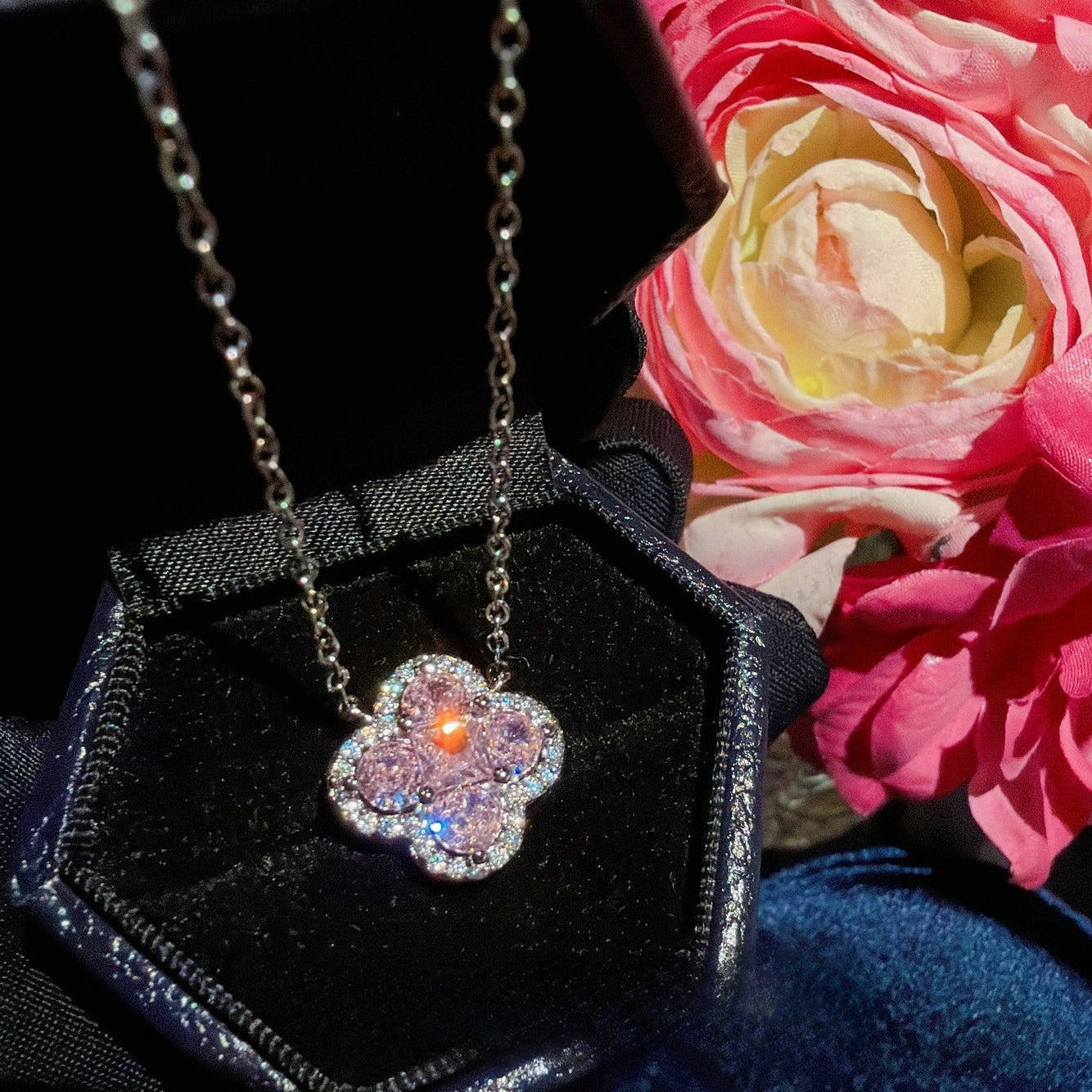 Blush Pink Four-Leaf Clover Full Pavé 18K Gold Plated Jewelry Set
