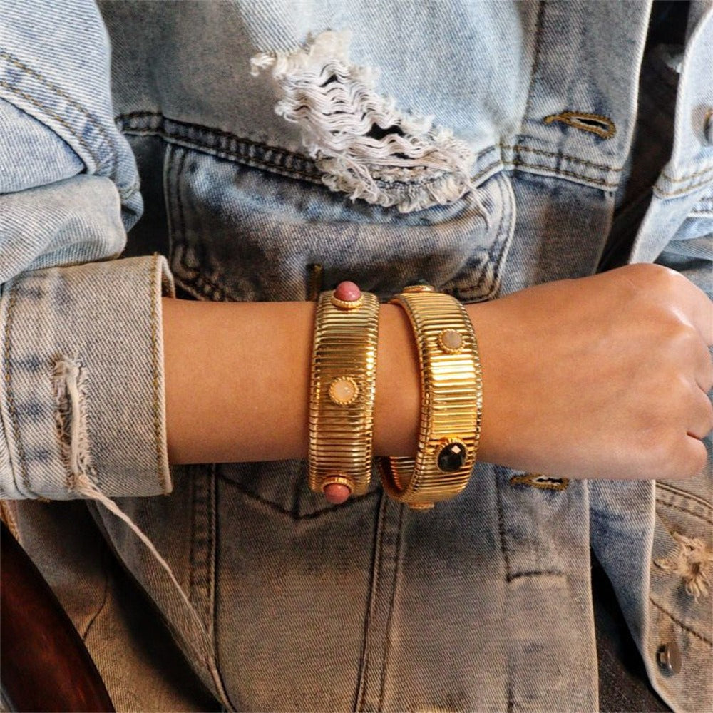 Vintage Mixed Natural Gemstone Gold Plated Cuff Bracelet