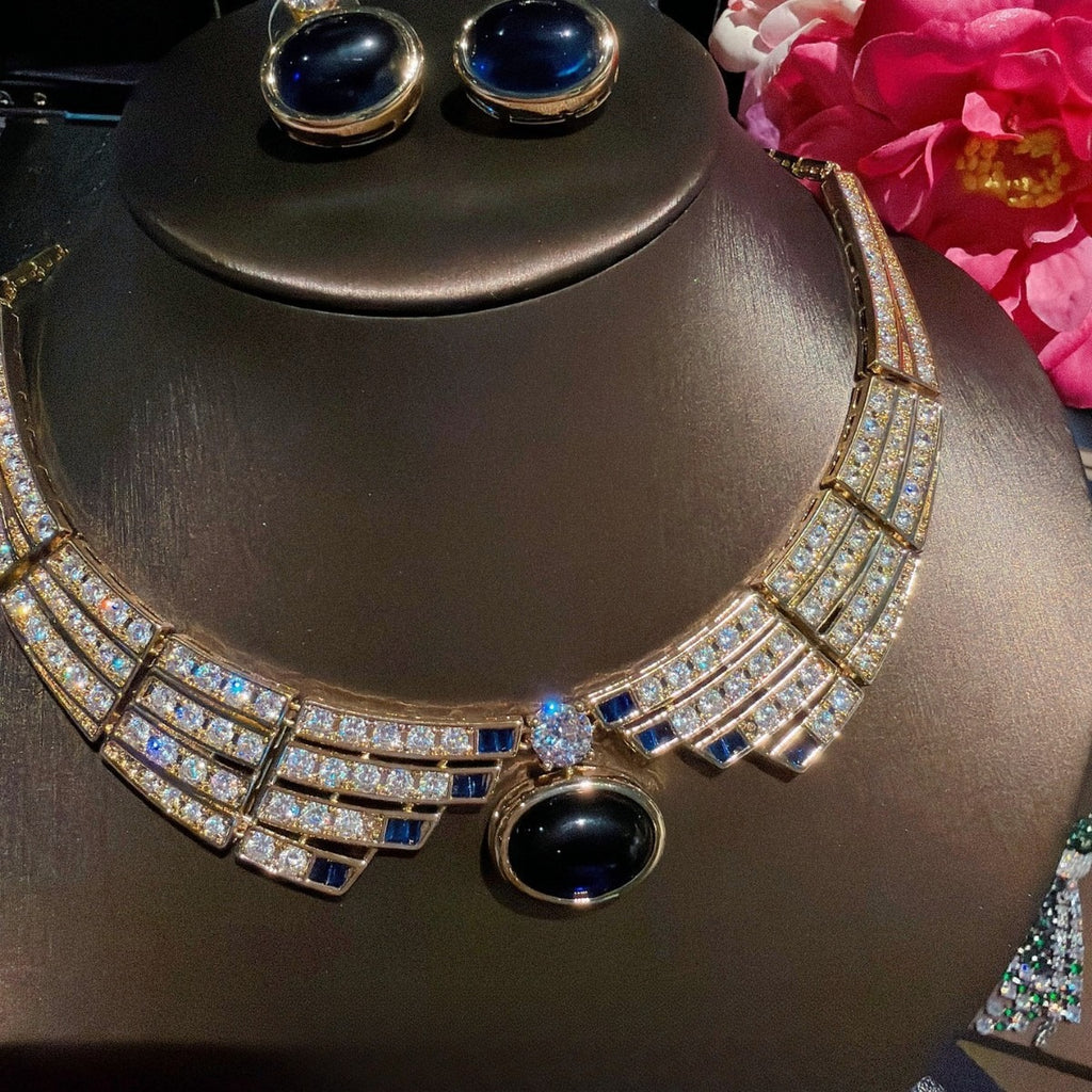 Vintage Sapphire Blue Oval Cabochon Full Pavé CZ Jewelry Set