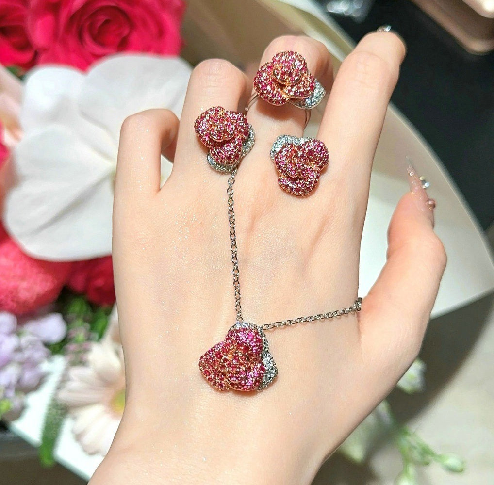 The Midnight Rose Collection|Crimson Floral Pavé Jewelry Set
