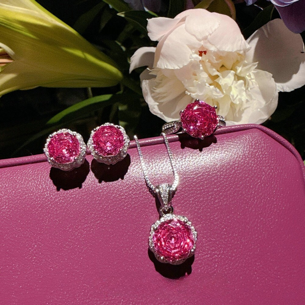 Romantic Raspberry Pink Rose Jewelry Set