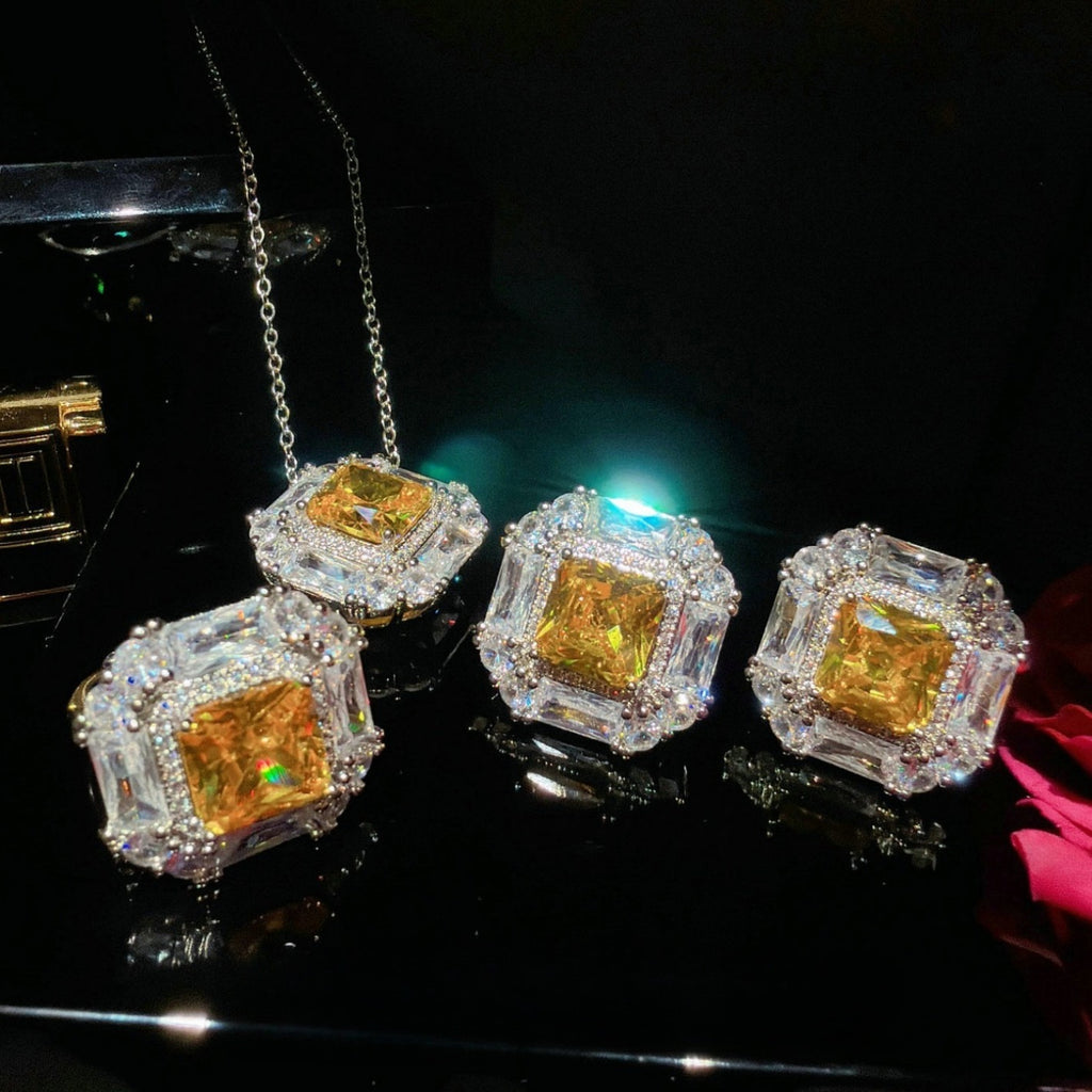 Canary Cushion-Cut & Baguette Halo Jewelry Set