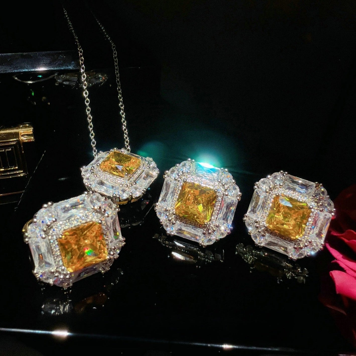 Canary Cushion-Cut & Baguette Halo Jewelry Set