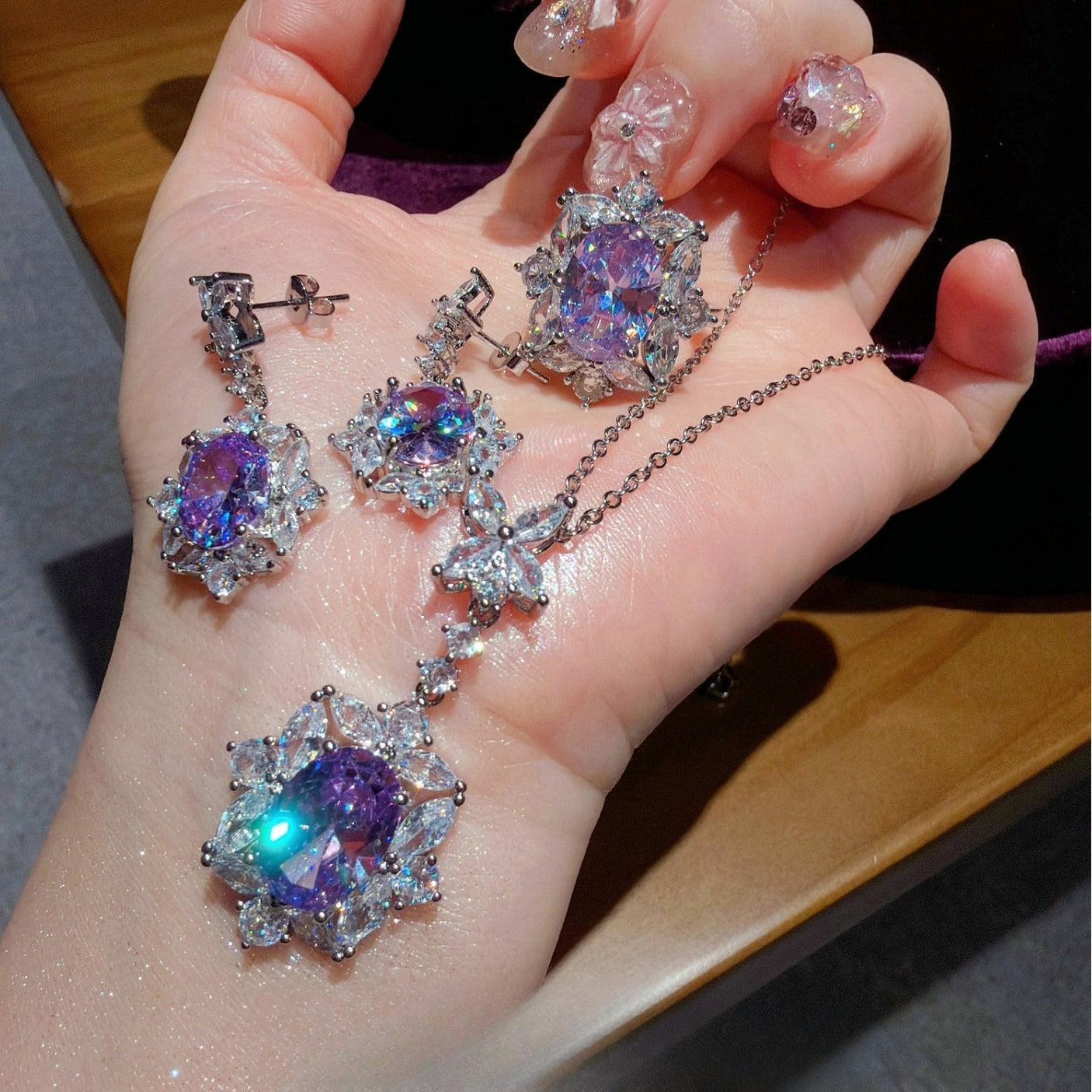 Ethereal Purple Blossom Layered Violet CZ Jewelry Set