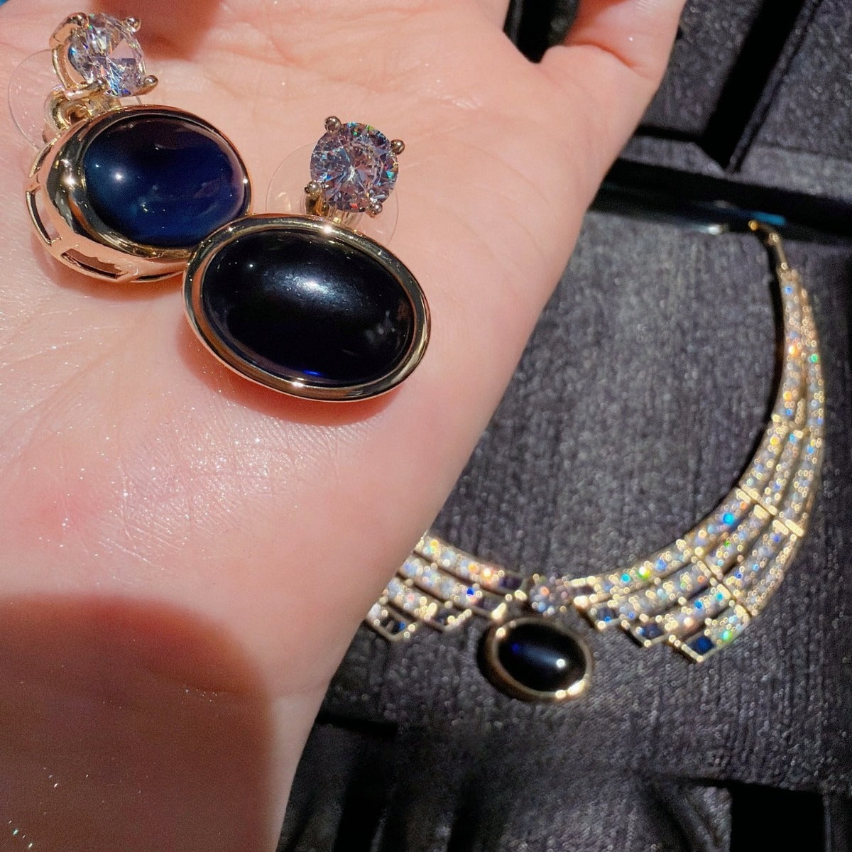 Vintage Sapphire Blue Oval Cabochon Full Pavé CZ Jewelry Set