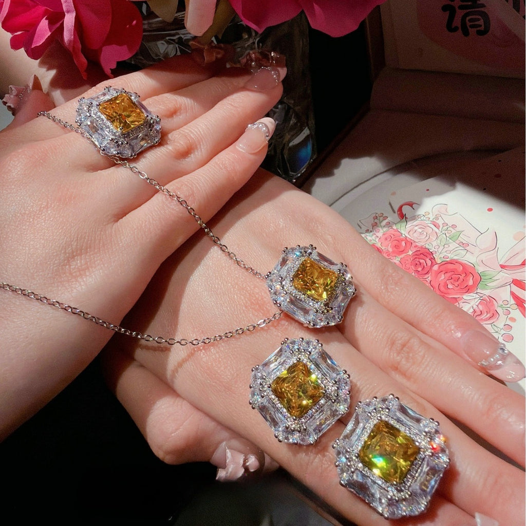 Canary Cushion-Cut & Baguette Halo Jewelry Set