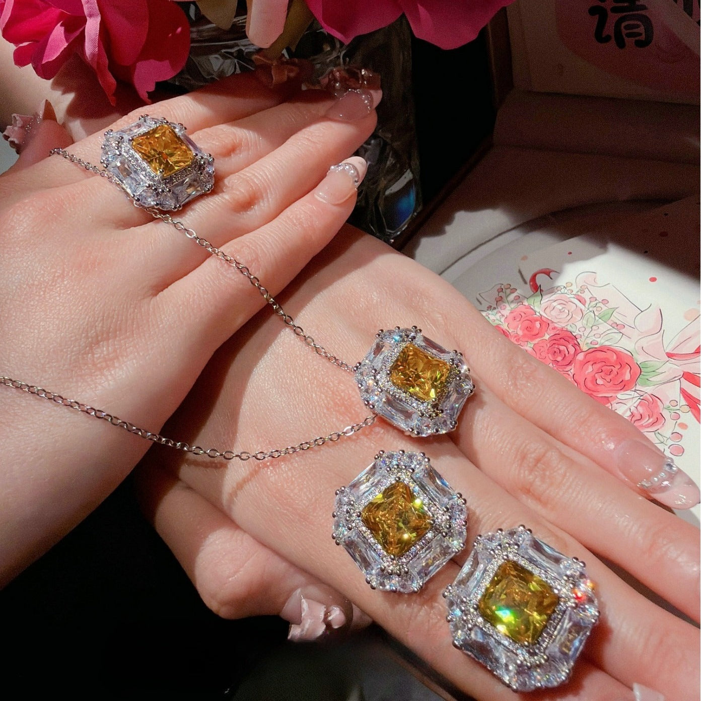 Canary Cushion-Cut & Baguette Halo Jewelry Set
